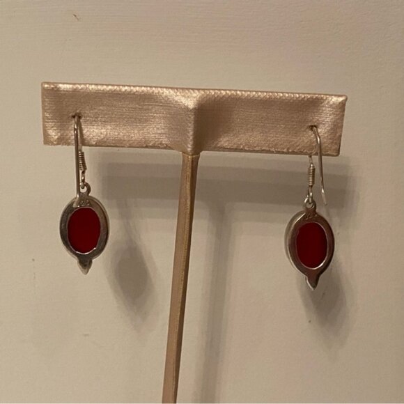 EARRINGS STERLING SILVER 925 CARNELIAN OVAL RED STONE FRENCH WIRES DROP PIERCED - Picture 6 of 7